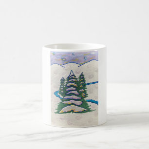 Caneca De Café Rio da cena da neve, Evergreens, montanhas,