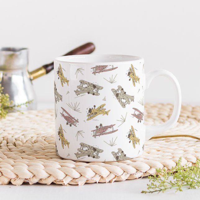 Caneca De Café Roaring Art Deco Bi-planes - padrão amarelo vermel (Criador carregado)