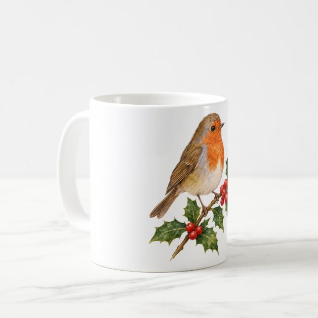 Caneca De Café Robin num Ramo de Azevinho (Frente Esquerda)