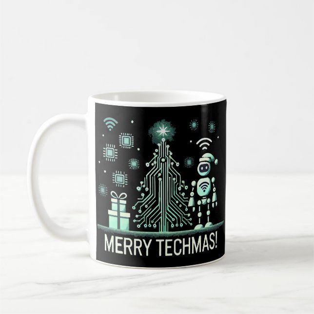 Caneca De Café Robô AI com Árvore de Natal Tech - Techmas de Feli (Esquerda)