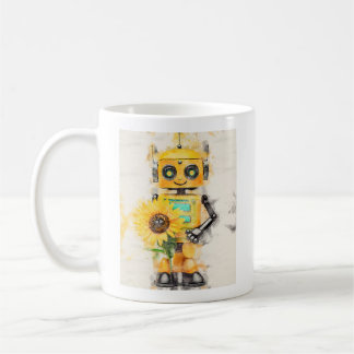 Caneca De Café Robô Amarelo feliz com girassol