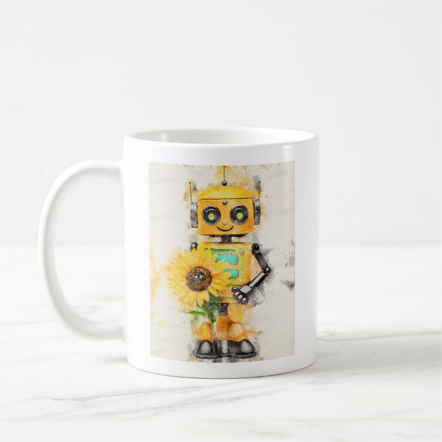 Caneca De Café Robô Amarelo feliz com girassol (Esquerda)