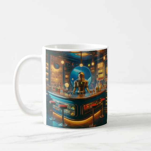Caneca De Café Robot Bartender in Interstellar Space Age Dive Bar (Esquerda)