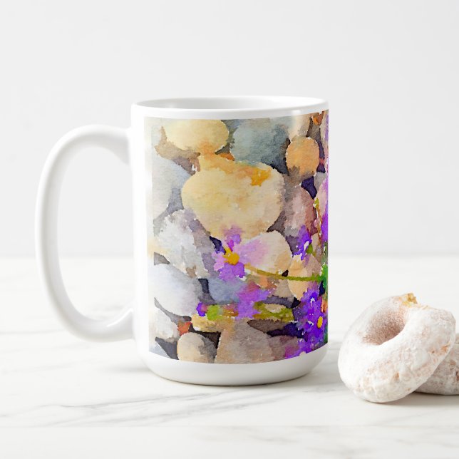 Caneca De Café Rochas com Flores Roxas Cama Fotográfica em Aquare (Com Donut)