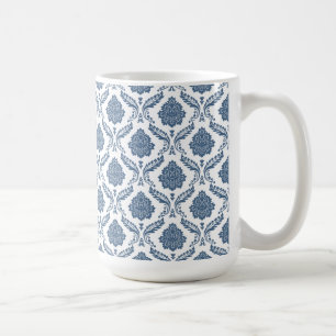Caneca De Café Rococo Damask Padrão Pequeno Azul no Branco