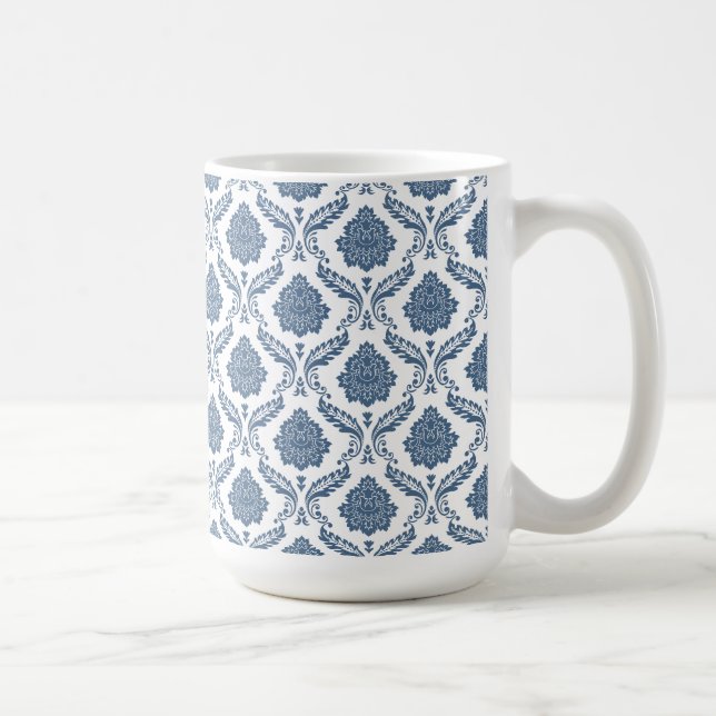 Caneca De Café Rococo Damask Padrão Pequeno Azul no Branco (Direita)