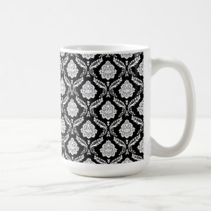 Caneca De Café Rococo Damask Padrão Pequeno Branco no Preto