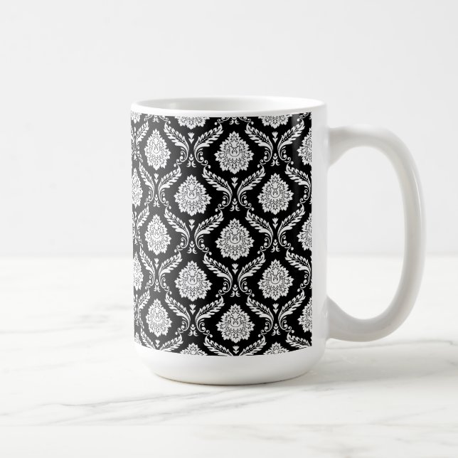 Caneca De Café Rococo Damask Padrão Pequeno Branco no Preto (Direita)