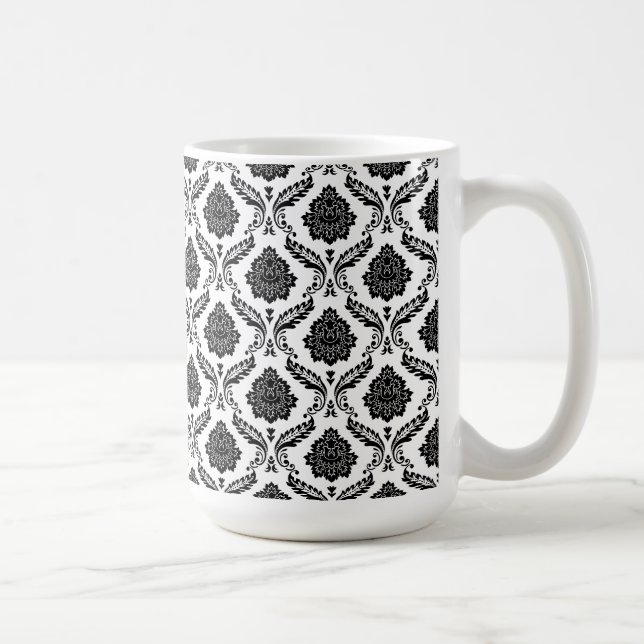 Caneca De Café Rococo Damask Padrão Pq Preto no Branco (Direita)