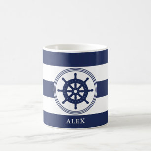 Caneca De Café Roda de Direção Azul Marinho Náutico Personalizada