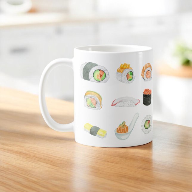 Caneca De Café Rolos de Sushi em Aquarela (Criador carregado)
