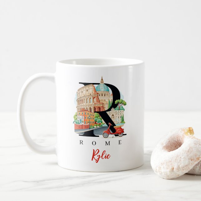 Caneca De Café Roma Itália Monograma Letra R Presente Personaliza (Com Donut)