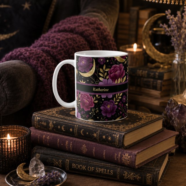 Caneca De Café Romance Sombrio Lua Celestial Nome Roxo Dourado (Criador carregado)