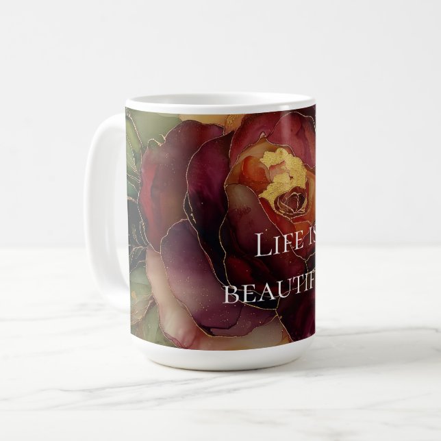 Caneca De Café Românico Red Burgundy Rosa Dourado Floral (Frente Esquerda)