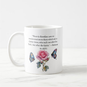 Caneca De Café Romanos 8:1 KJV Rosa Rosa e Borboleta Fé