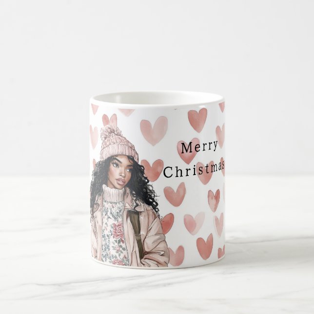 Caneca De Café Romantic Pink Christmas Hearts Black Girl (Centro)