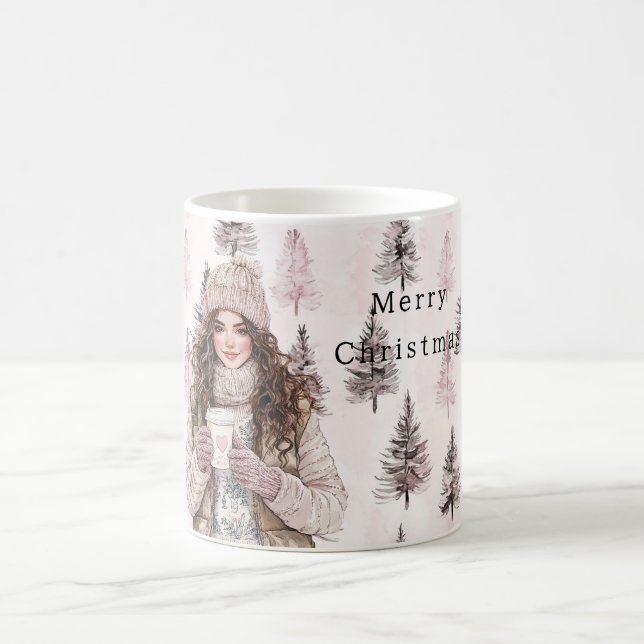 Caneca De Café Romantic Pink Christmas Trees Girl (Centro)