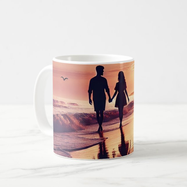 Caneca De Café Romântica Mug Sunset Beach - Casal Silhouettet Mug (Frente Esquerda)