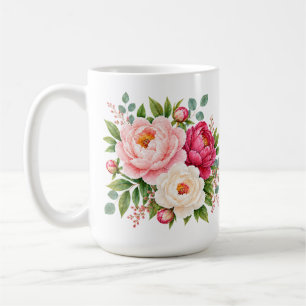 Caneca De Café Romântico Bege e Peônias de Aquarela em Cor de Fra