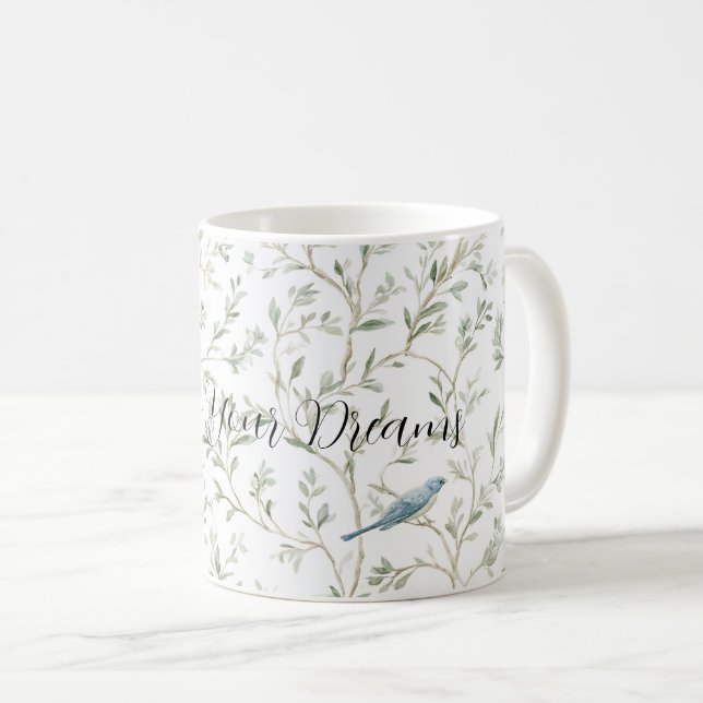 Caneca De Café Romântico Charme Lindas Flores Pássaros Azuis (Frente Esquerda)