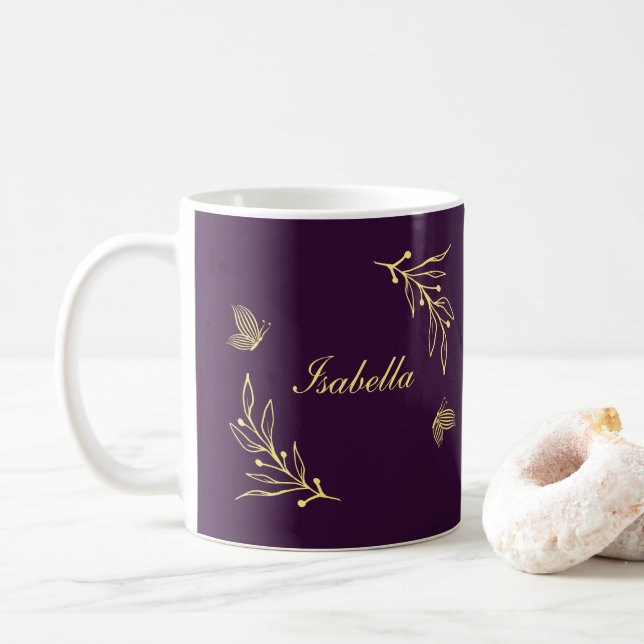 Caneca De Café Romântico elegante flor de ouro roxo  (Com Donut)