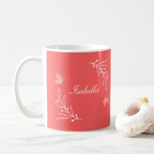 Caneca De Café Romântico elegante floral rosa coral