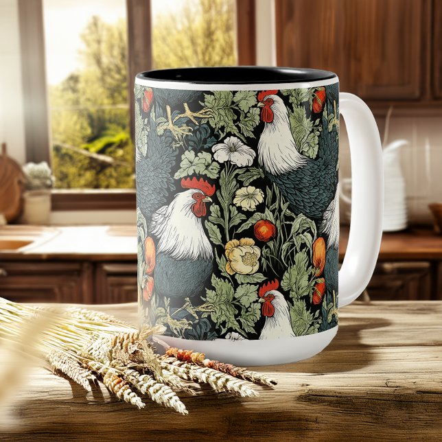 Caneca De Café Roosters no Jardim Verde William Morris Style (Criador carregado)