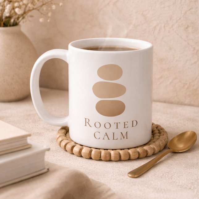 Caneca De Café Rooted Calm Pebbles Classic Mug, 11 oz (White ceramic with pebble pattern and Rooted Calm text for balanced morning routines)