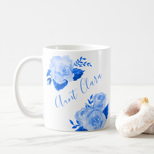Caneca De Café Rosa Azul Floral de Tia Personalizada (Com Donut)