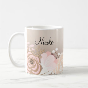 Caneca De Café Rosa Bege Glam Rústico Floral Flores Personalizado
