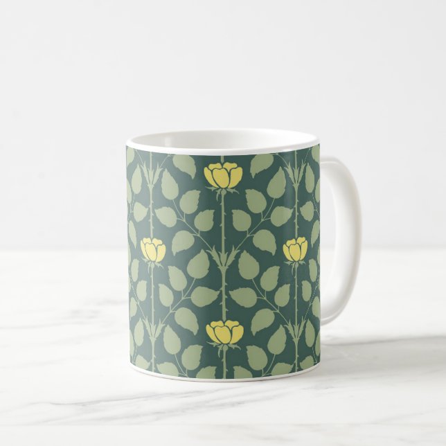 Caneca De Café Rosa Briar de Voysey, Amarelo em Pine Verde (Frente Esquerda)