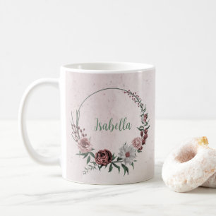 Caneca De Café rosa canela rosa e floral verdejante