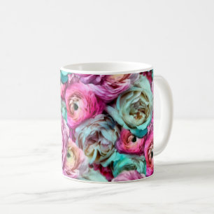Caneca De Café Rosa Cor-de-rosa e rosa branca e flores de pedras