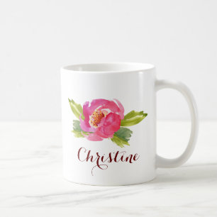 Caneca De Café Rosa de Aquarela com Nome Personalizado