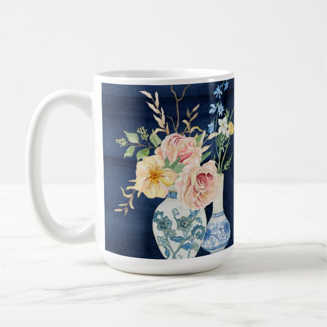Caneca De Café Rosa de Aquarela Flores De Pedônias Marinho Madeir (Esquerda)