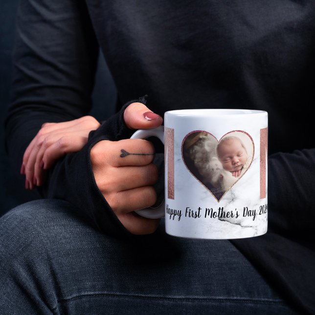 Caneca De Café Rosa de Foto para Bebê do Primeiro Dia de as mães, (First Mother's Day: Baby's Photo & Mom - Forever Love 💕)