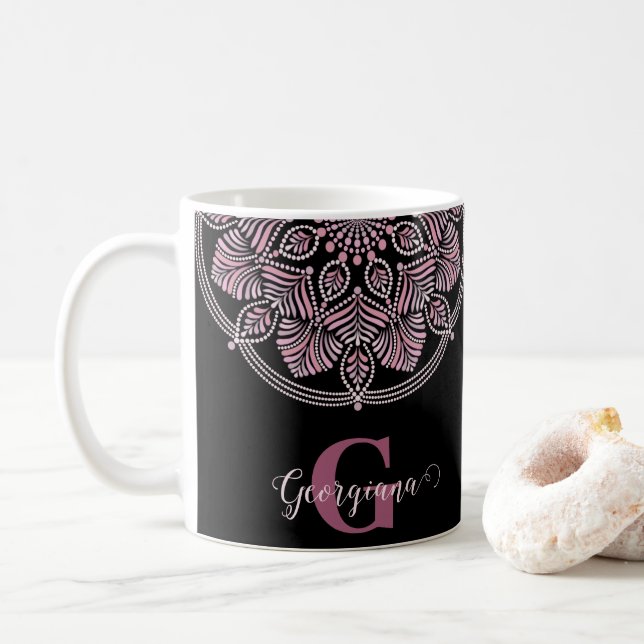 Caneca De Café Rosa Dot Mandala Monogramas (Com Donut)