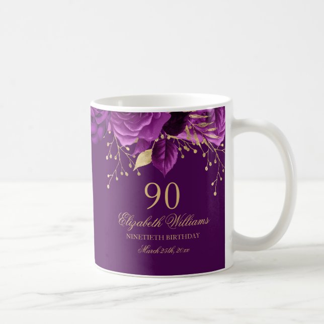 Caneca De Café Rosa Dourada Roxa Floral Aniversário de 90 anos (Direita)
