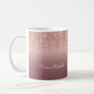 Caneca De Café Rosa Dourado Brilhante com Glitter Caindo