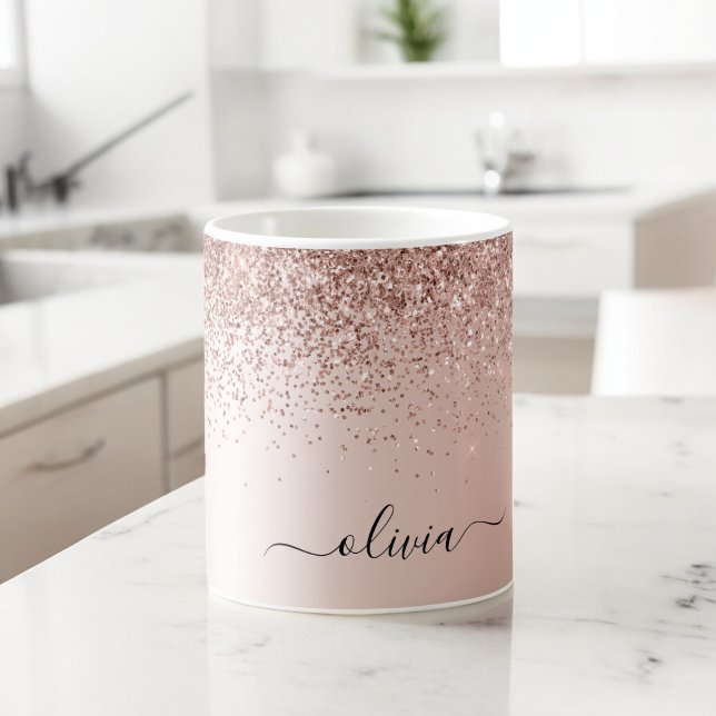 Caneca De Café Rosa Dourado - Brilho Rosa Bege Monograma Nome em  (Criador carregado)
