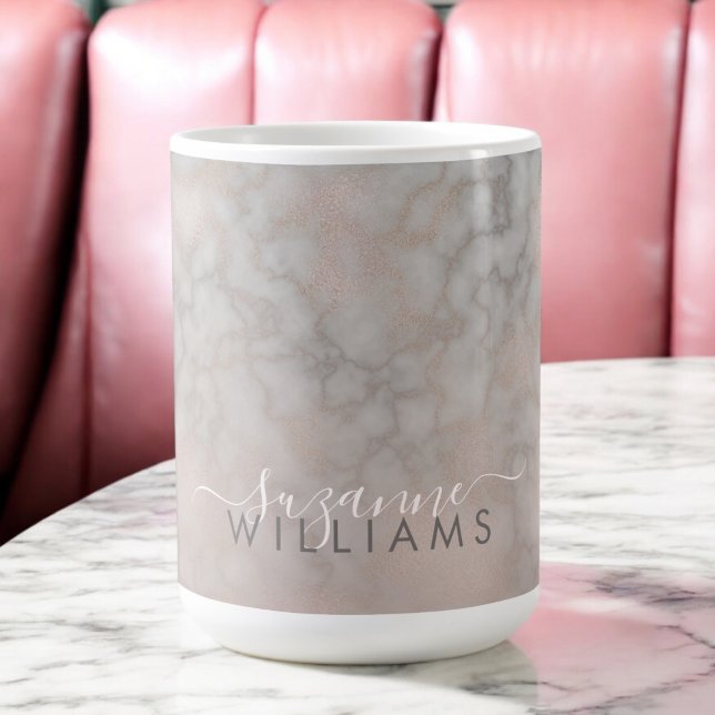 Caneca De Café Rosa Dourado e Cinza Padrão Marble Elegante (Personalize this elegant mug with your name.)
