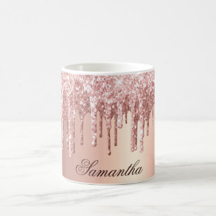 Caneca De Café Rosa Dourado Glam Gotejando Brilho Lascas