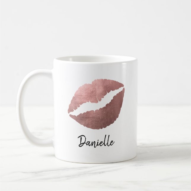 Caneca De Café Rosa Dourado Lipstick Kiss Impressão (Esquerda)
