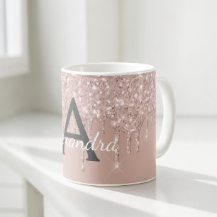 Caneca De Café Rosa Dourado - Monograma de Nome com Brilho Cor-de