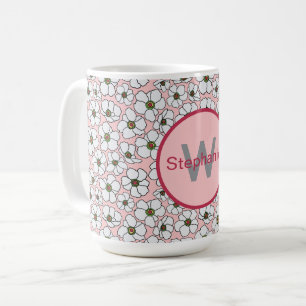 Caneca De Café Rosa e Branco Boho Floral com Monograma