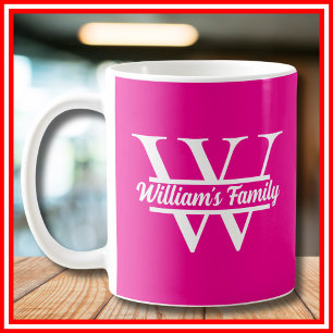 Caneca De Café Rosa e Branco Monograma de Nome de Família Simpl