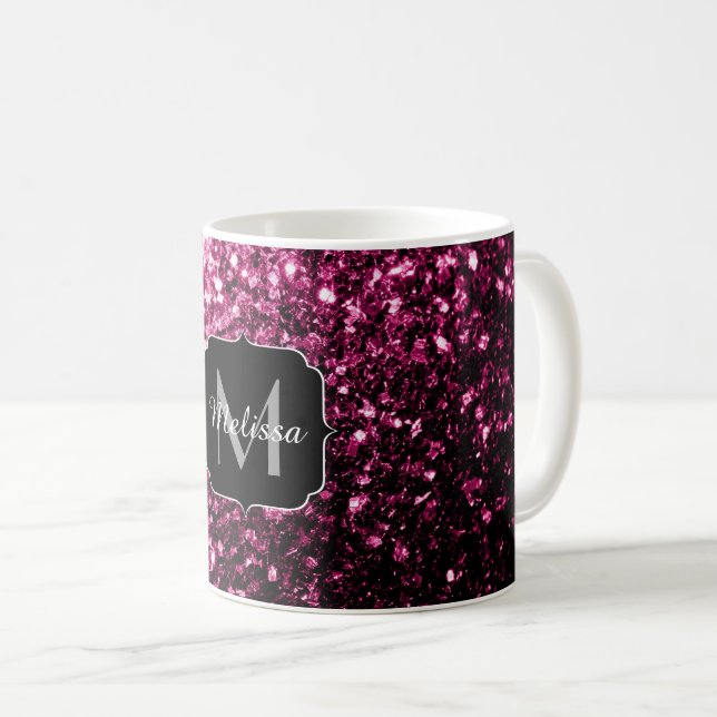 Caneca De Café Rosa escuro falso brilho brilhante faísca Monogram (Frente Esquerda)