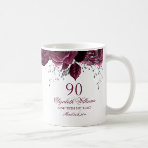 Caneca De Café Rosa Floral Borgonha Dourada Aniversário de 90 ano