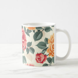 Caneca De Café Rosa Floral Laranja e Dourado 