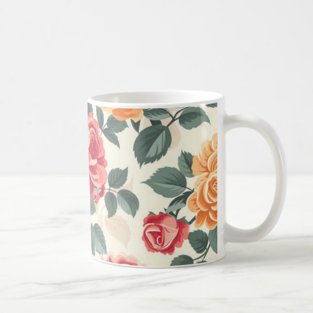 Caneca De Café Rosa Floral Laranja e Dourado  (Direita)